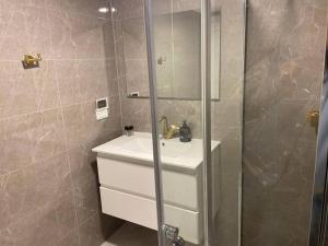 uma casa de banho com um lavatório e um chuveiro em Eilat suite luxe em Eilat