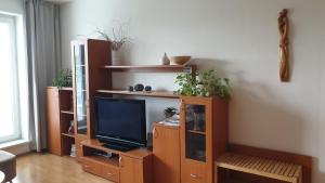 una sala de estar con un centro de entretenimiento con TV en Cozy apartment btw centre and airport - Private host - No invoice en Bratislava