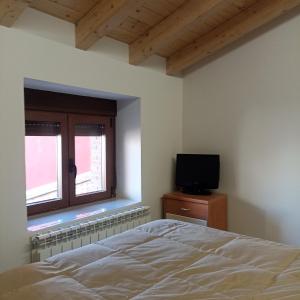 Schlafzimmer mit einem Bett, einem Fenster und einem TV in der Unterkunft Suite a las orillas del Duero 