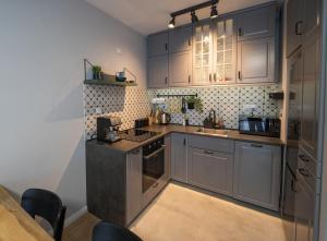 a kitchen with gray cabinets and a stove top oven at Blue Rooster Apartment. Cozy and quiet place to stay in Warsaw