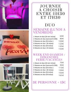 un flyer pour une fête avec un lit et un panneau dans l'établissement Jacuzzi privé arrivée autonome, à Conflans-Sainte-Honorine