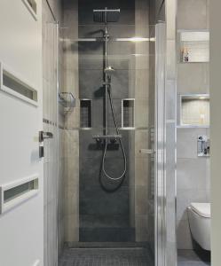 een douche met een glazen deur in de badkamer bij Apartment K21 - Győr in Győr