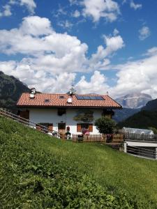 una casa en la cima de una colina con un campo verde en Villetta Muncion, en Pozza di Fassa