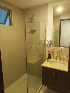 y baño con ducha acristalada y lavamanos. en Cartagena Beach Condo - 1400 sq. Ft. (130 m2), en Cartagena de Indias