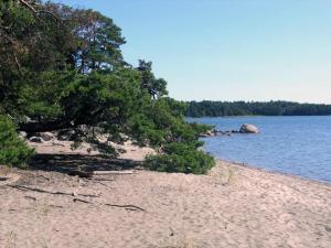 una playa de arena con un árbol y el agua en Tallhöjden 25 en Nynäshamn