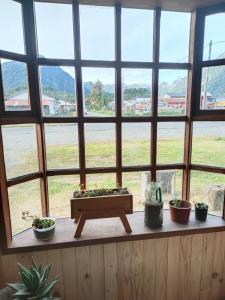 uma janela com vasos de plantas sentados numa mesa em Verdeagua Hostal em Chaitén