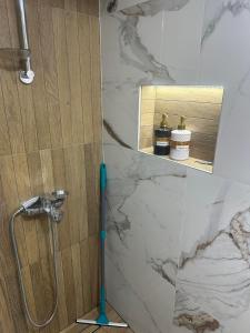 a bathroom with a shower with a marble counter at Apartman Emily in Nikšić