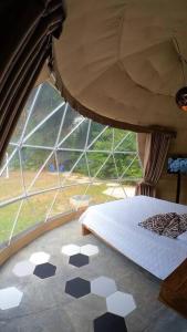 een kamer met een bed en een groot raam bij Dome in the Heart of Boquete. in Boquete