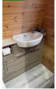 a bathroom with a white sink in a wooden wall at Heatherbrae Cosy Wooden Pod in Kyle of Lochalsh