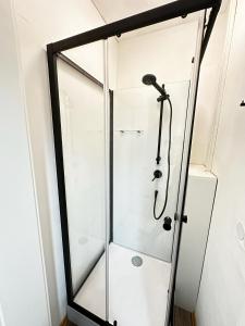 a shower with a glass door in a bathroom at Apartment Grindelallee Hamburg in Hamburg