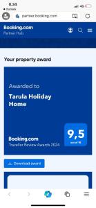 Ett certifikat, pris eller annat dokument som visas upp på Tarula Holiday Home