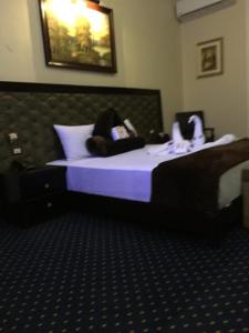 開羅的住宿－Paradise Boutique Hotel，一间卧室配有一张带紫色床单的大床
