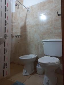 a bathroom with a toilet and a shower at Vista a la montaña in Chilecito