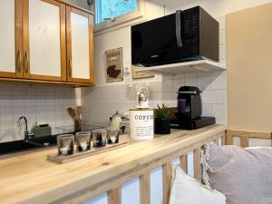a kitchen with a counter top with a microwave at Cosy Maisonette Versailles in Versailles