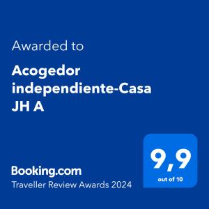 Certificado, premio, señal o documento que está expuesto en Acogedor independiente-Casa JH A