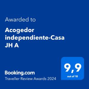 Acogedor independiente-Casa JH A的證明、獎勵、獎狀或其他證書