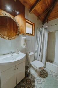 een badkamer met een toilet, een wastafel en een spiegel bij Cabañas Los Maquis in Pucón