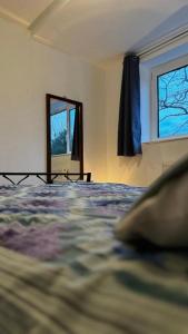 Schlafzimmer mit einem Bett und einem Spiegel in der Unterkunft Double room in Tooting Bec in London