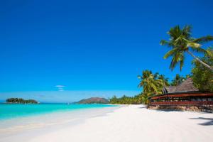 una playa con palmeras y un complejo en Paradise Sun Hotel Seychelles, en Baie Sainte Anne