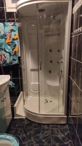 eine Dusche mit Glastür im Bad in der Unterkunft Apartament Central in Lupeni