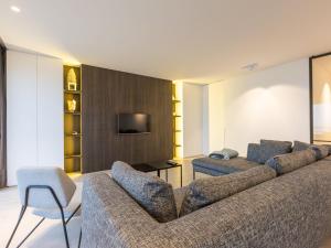 een woonkamer met 2 banken en een tv bij Manager 2 bedrooms on floor 5 in Middelkerke