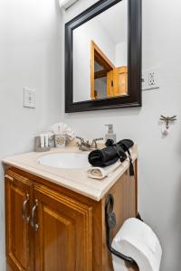 uma casa de banho com um lavatório e um espelho em Vida Comfy Inn 2br Apartment KING BED 8 mins to downtown and ferry em New Bedford