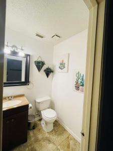 a bathroom with a toilet and a sink at Lost Bluff Casa in San Antonio