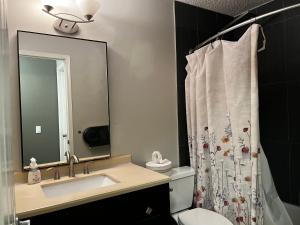 a bathroom with a sink and a shower curtain at citadel cozy quilt private bedroom in Calgary