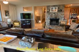 a living room with a leather couch and a stone fireplace at Cranmer Hearth Lakehouse in Harbor Springs