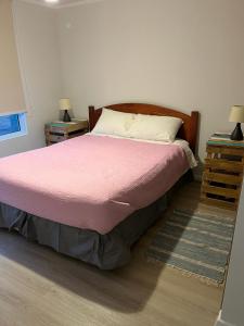 a bedroom with a bed with a pink blanket at departamento papudo punta puyai piso 1 in Papudo