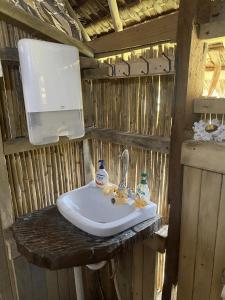 Port-Olry的住宿－Port-Olry Beach Bungalows Chez Louis，木墙上带水槽的浴室