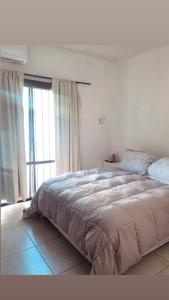 a bedroom with a large bed and a large window at Departamento Bombal in Godoy Cruz