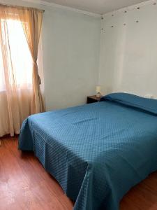 um quarto com uma cama azul e uma janela em Departamentos Arrayán em Chillán