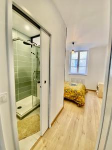 a bedroom with a bed and a shower and a glass door at Cathedral: Cosy in the heart of the city center in Poitiers