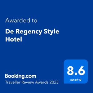 Sertifikat, nagrada, logo ili drugi dokument prikazan u objektu De Regency Style Hotel