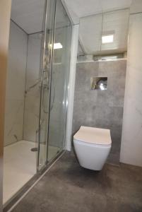 a bathroom with a white toilet and a shower at Prześpij się z Alpaką w Tiny House 