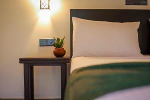 a bedroom with a bed and a table with a plant on it at Ran Villa in Hiriketiya