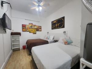 1 dormitorio con 2 camas, TV y techo en Miraflores Departamentos, en Lima