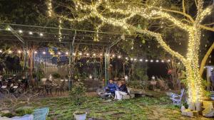 dos mujeres sentadas en un jardín por la noche con luces en Ha Giang Loop Hostel & Tours, en Ha Giang