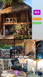a collage of photos of a thatch roofed house at Malee homestay in Ko Por
