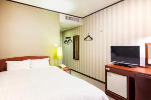 a bedroom with a bed and a flat screen tv at TsukubaNoYu Urban Hotel in Tsukuba