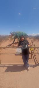 a woman standing in front of a statue in the desert at tranquilidad absoluta in Villa Unión +3 photos