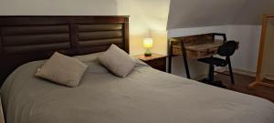 a bedroom with a bed with two pillows and a desk at Lorena in Concepción