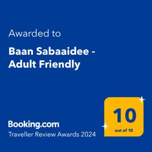 a yellow sign with the text awarded to ben saab batteries adult friendly at Baan Sabaaidee - Adult Friendly in Hua Hin