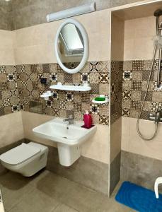 ein Badezimmer mit einem Waschbecken, einem WC und einem Spiegel in der Unterkunft MAHDIA BORJ ERRAS (CAP AFRICA) in Mahdia