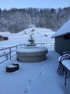 a snow covered patio with a tree in the middle at Mini Hotel Polonyna in Pilipets