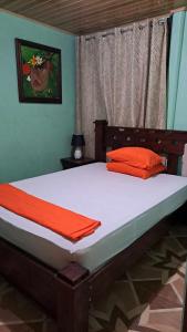 a bedroom with a large bed with orange pillows at CASA EQUIPADA SAN IGNACIO DE ACOSTA 