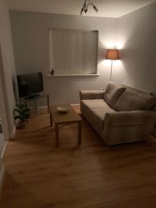 a living room with a couch and a table at Spar Court One bed apartment in Burton upon Trent