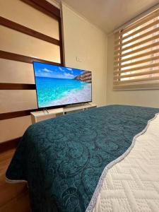 Schlafzimmer mit einem Bett und einem Flachbild-TV in der Unterkunft Barrio Bellas Artes in Santiago