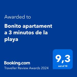 Sertifikāts, apbalvojums, norāde vai cits dokuments, kas ir izstādīts apskatei naktsmītnē Bonito apartament a 3 minutos de la playa